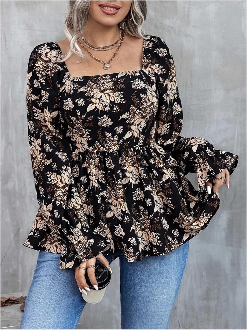 Floral Square-Neck Peplum Top in Black and Cream